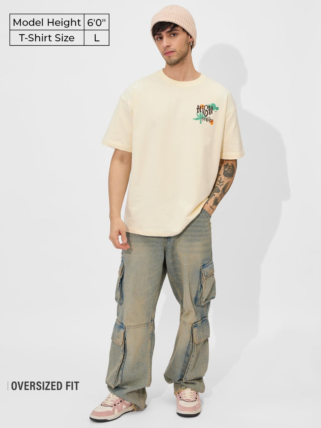 The Souled Store Naturally High Men and Boys Short Sleeves Round Neck Graphic Printed Cotton Oversized T-Shirts Yellow