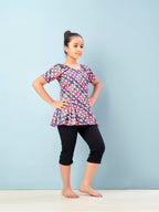 Aarika Girls Sports Wear Fawn-Purple Colour Check Print Nylon Swim Suit (5-15 Years)-(SW-SHM-C-1114)