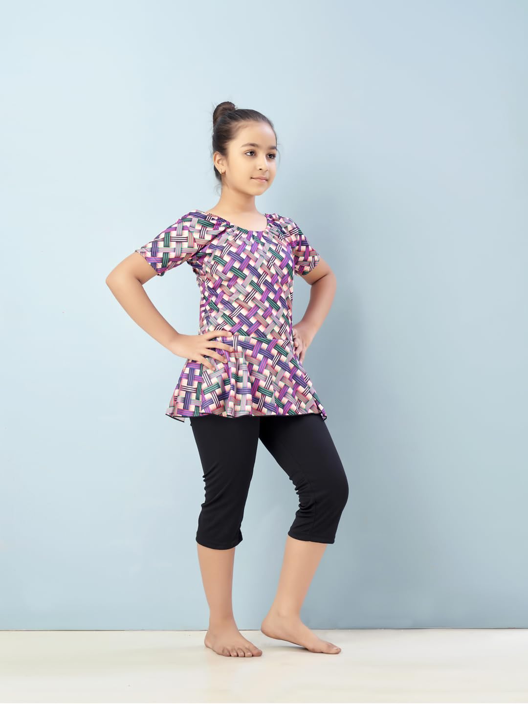 Aarika Girls Sports Wear Fawn-Purple Colour Check Print Nylon Swim Suit (5-15 Years)-(SW-SHM-C-1114)