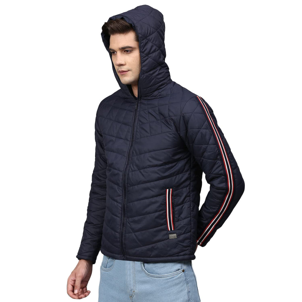 Campus Sutra Men Navy Blue Solid Windcheater Padded Jacket with Side Stripes