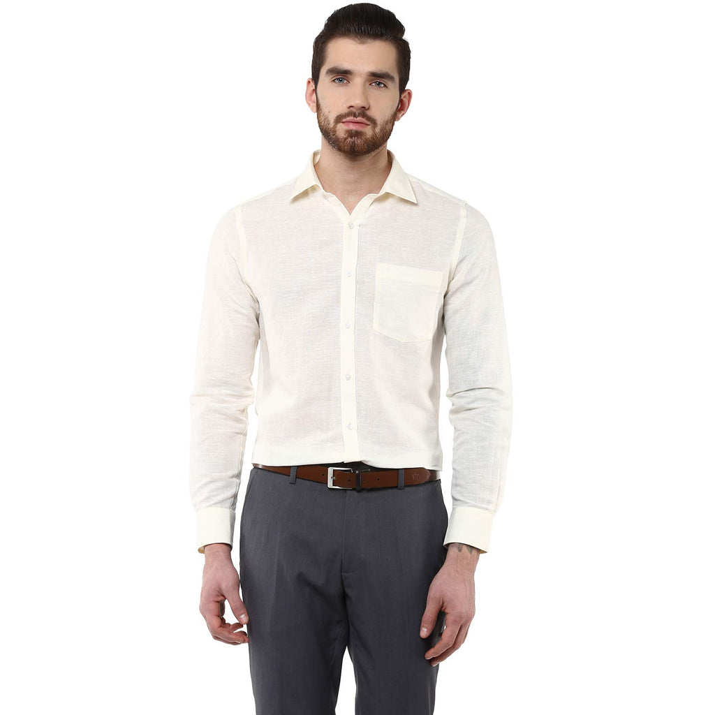 Turtle Men Cotton Linen Slim Fit Solid Formal Shirts Cream
