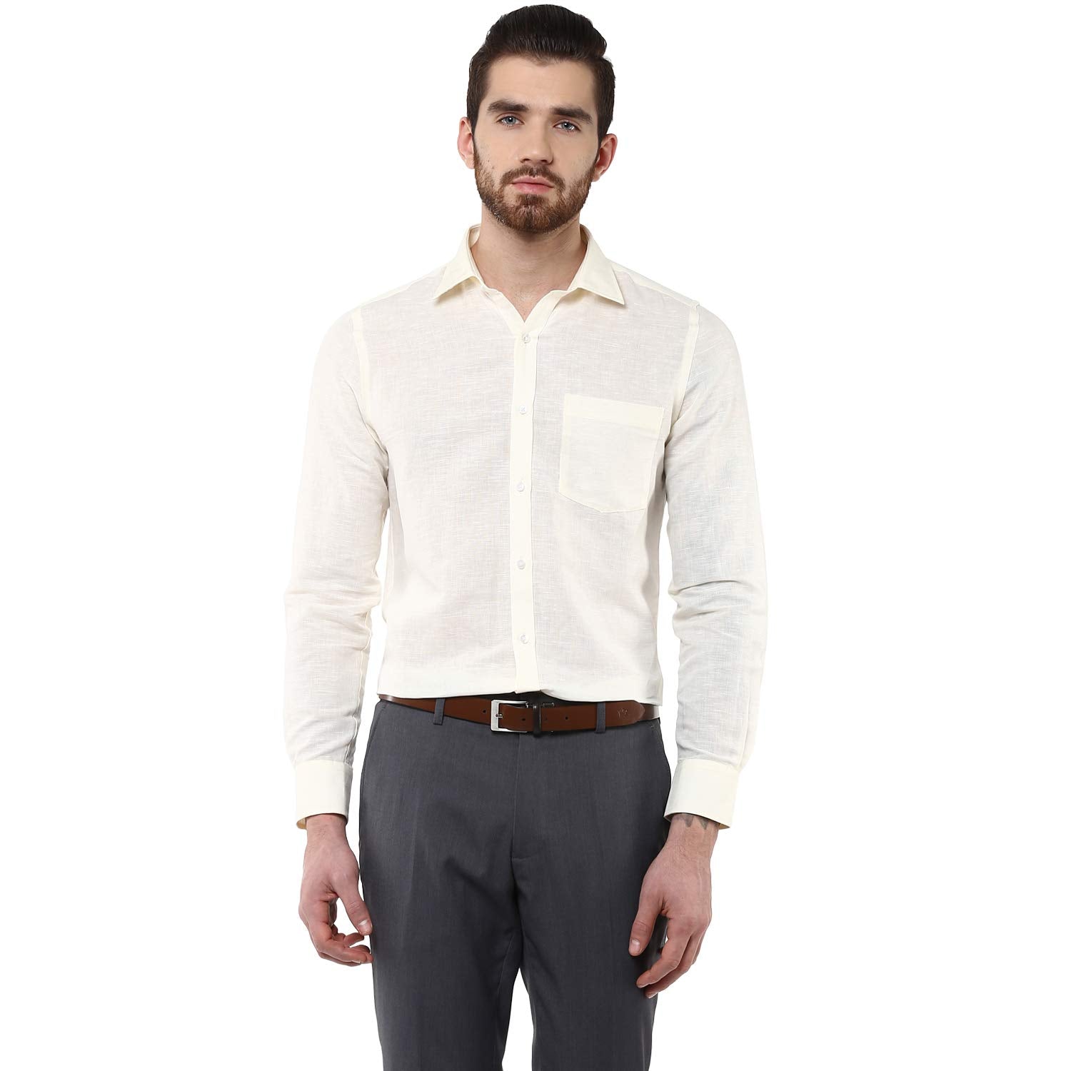 Turtle Men Cotton Linen Slim Fit Solid Formal Shirts Cream