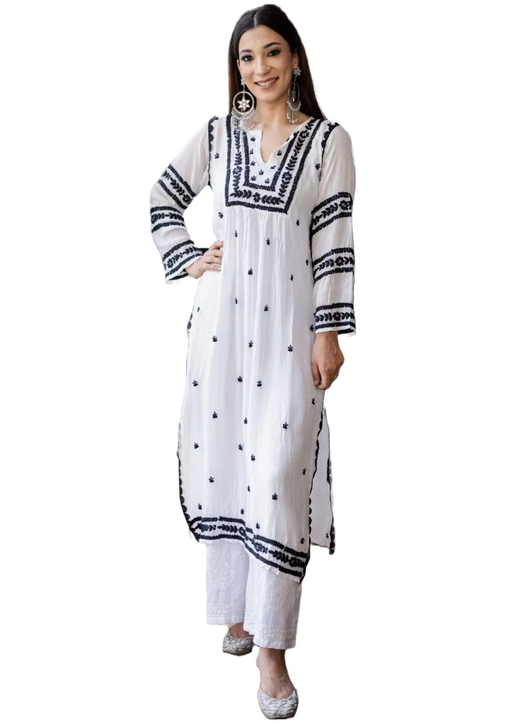 ANNI DESIGNER Womens Cotton Blend Embroidered Straight Kurta (Stho-White_XL_White_X-Large)