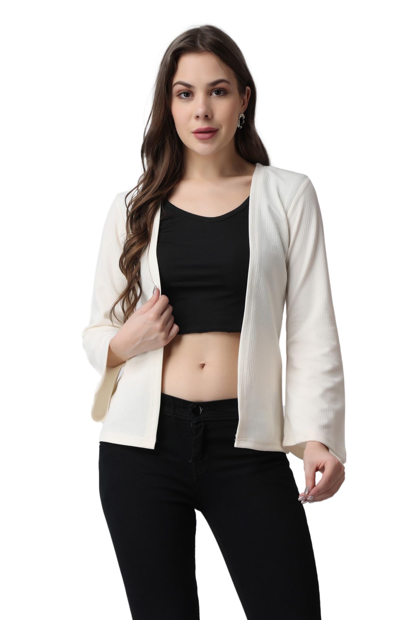 POPWINGS Casual Black Solid Front Open Shrug for Women | Latest Stylish Summer Wear Shrugs for Women | Hip-Length Women Shrug wi