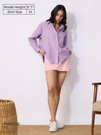 The Souled Store Cotton Linen: Lavender Women and Girls Long Sleeves Collared Neck Button Front Solid Cotton Linen Boyfriend Shi