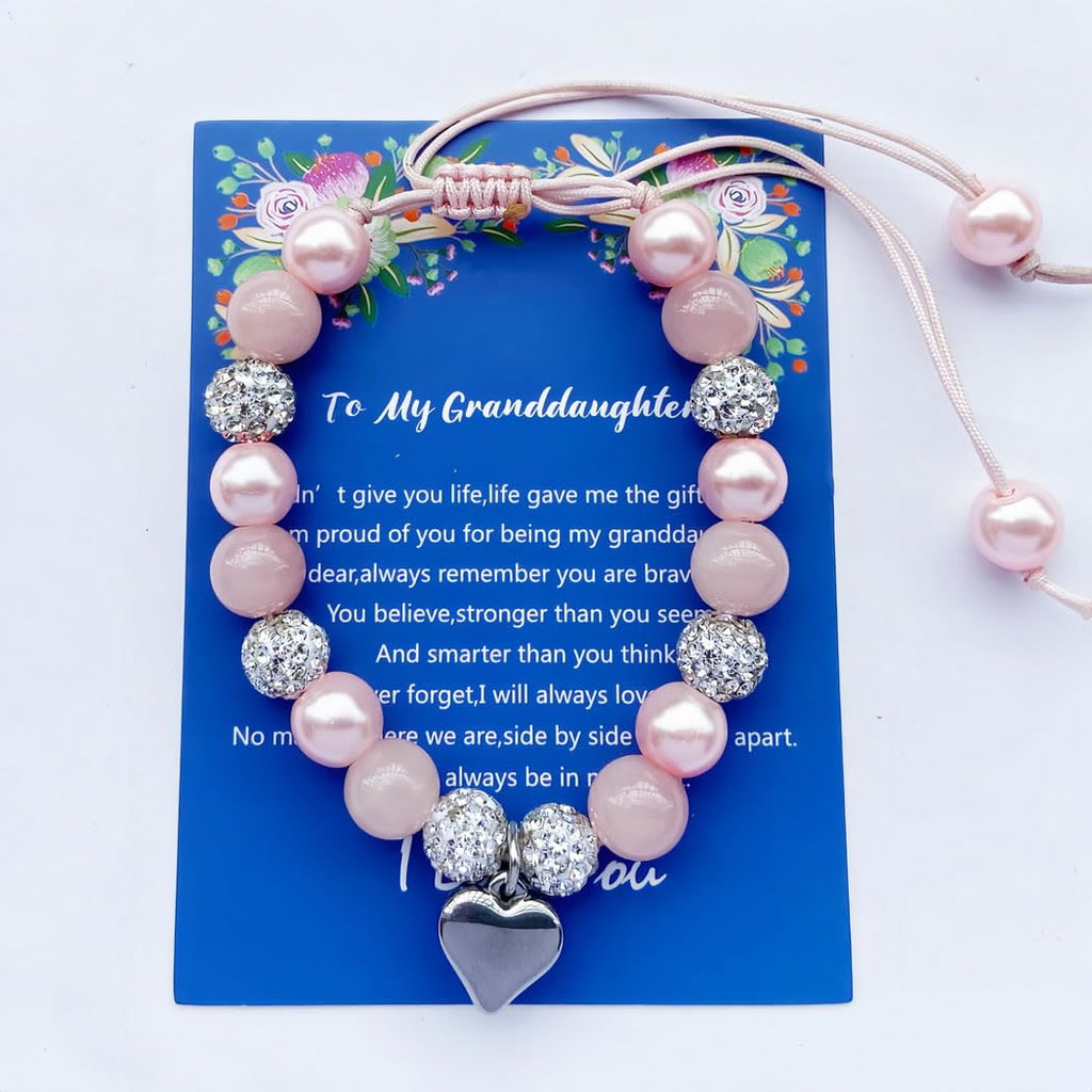 DOLON Pink Beaded Rhinestone Heart Charm Granddaugther Bracelet Adjustable Jewelry Back to School Birthday Christmas Holiday Gif