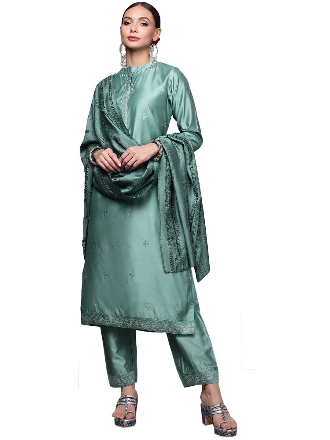 Anubhutee Women'S Rama Blue Handwork Kurta Set With Trousers And Dupatta