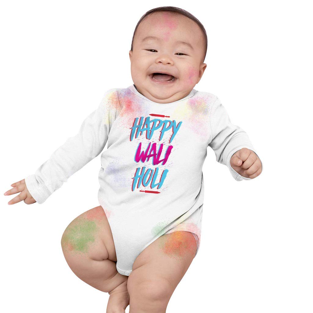 Bon Organik Unisex Happy wali Holi Bodysuit Baby (BON1215-K_White_3-6M)