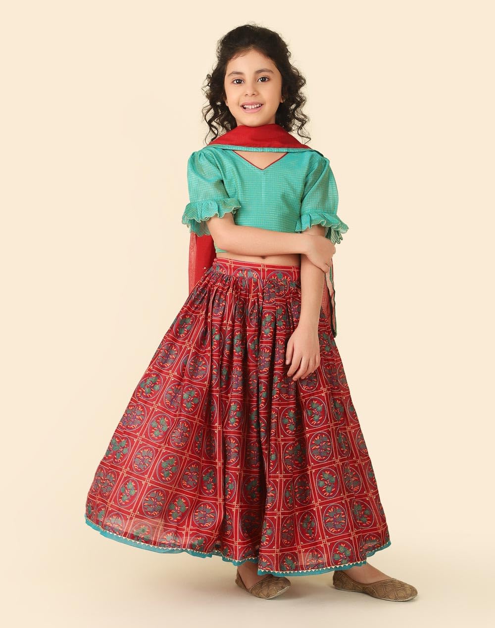 Fabindia Girls Cotton Silk Blend Lehenga Set (1032843MAGENTA_Red_3-4Y)