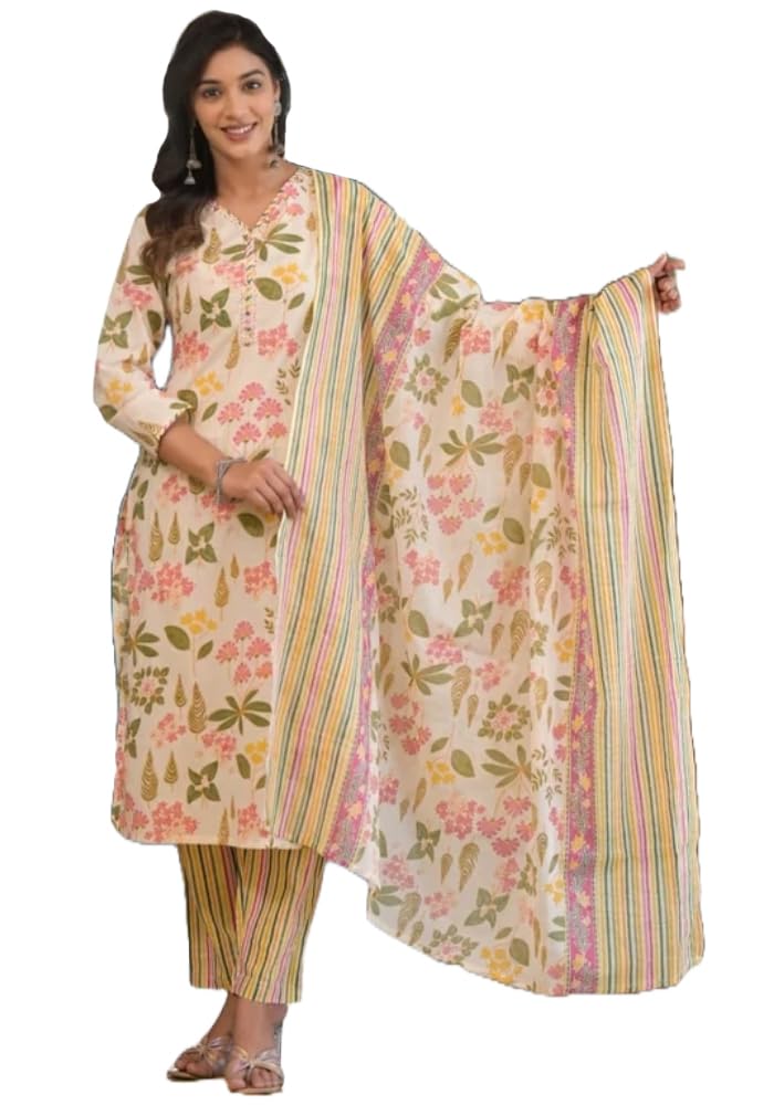 ANNI DESIGNER Womens Cotton Blend Printed Straight Kurta with Pant & Dupatta (Kumud Cream-NW_XL_Cream_X-Large)
