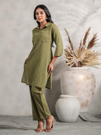 Anubhutee Women'S Pure Cotton Solid Olive Kurta Suit Set With Trousers