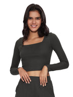 The Souled Store Solids: Charcoal Women and Girls Square Neck Regular Fit Polyester Blend Full Sleeves Tops