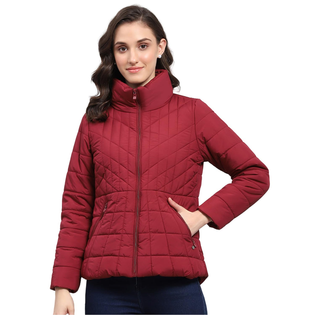 Monte Carlo Womens Solid Maroon High Neck Full Sleeve Jacket (224067520244) 3