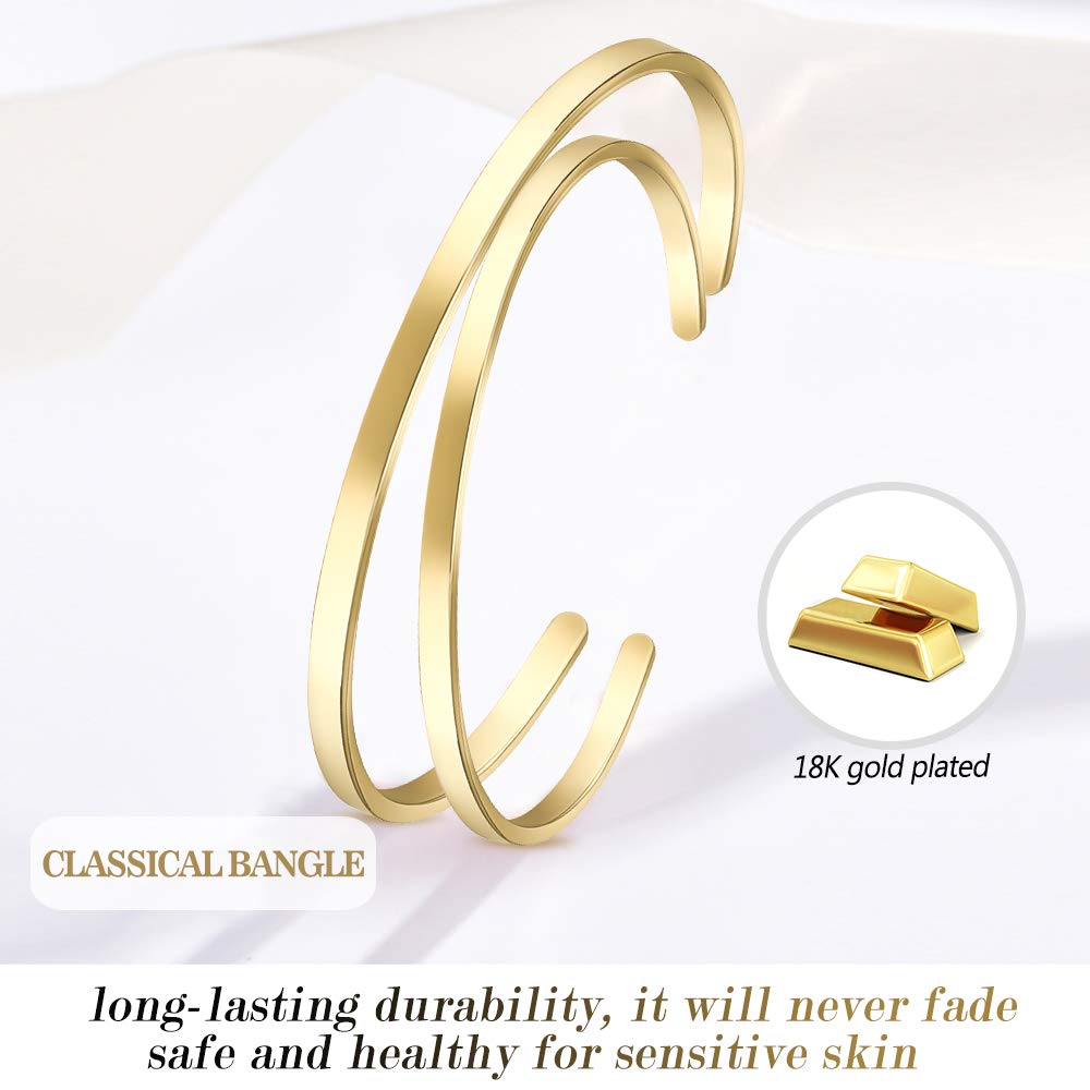 Lolalet Thin Open Cuff Bracelet, Christmas Gift for Girlfriend Wife Mom, 18K Gold Plated Couples Oval Love Bracelets, Plain Poli