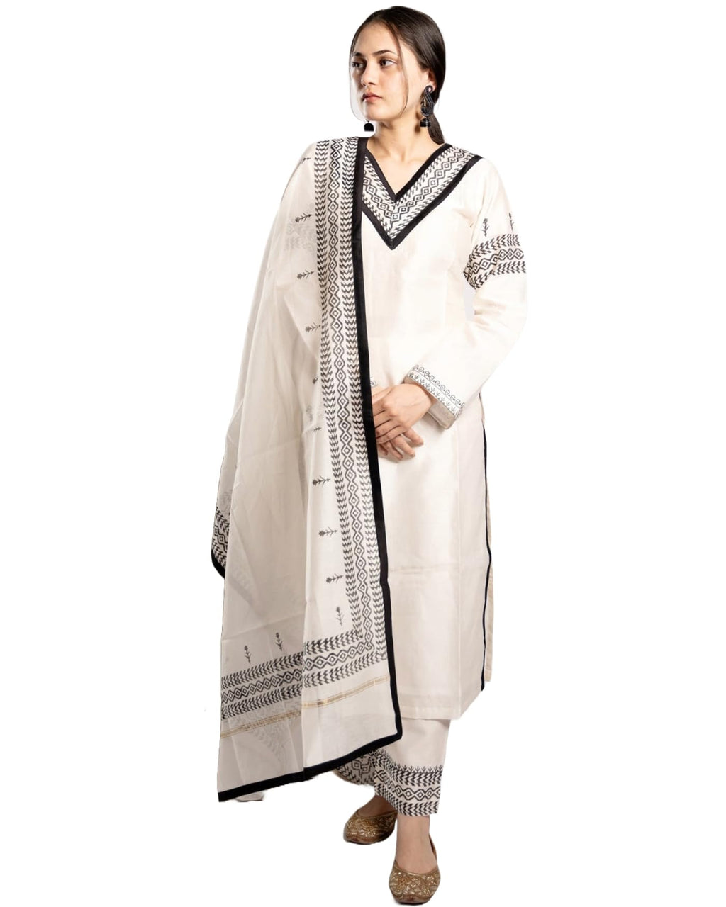 ANNI DESIGNER Womens Rayon Blend Printed Straight Kurta with Pant & Dupatta (GHABENI White_XL_White_X-Large)