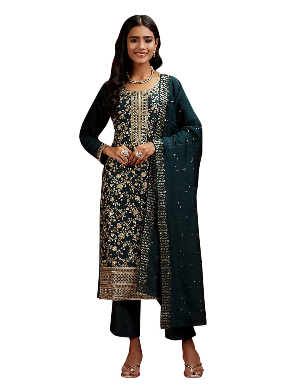 Libas Art Womens Embroidered Silk Blend Straight Kurta With Trousers And Dupatta