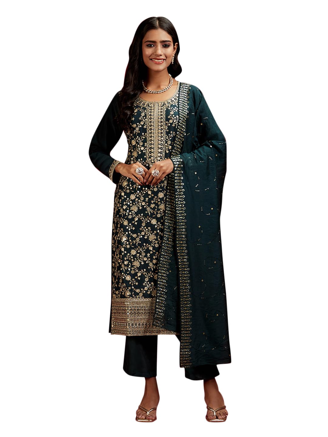 Libas Art Womens Embroidered Silk Blend Straight Kurta With Trousers And Dupatta