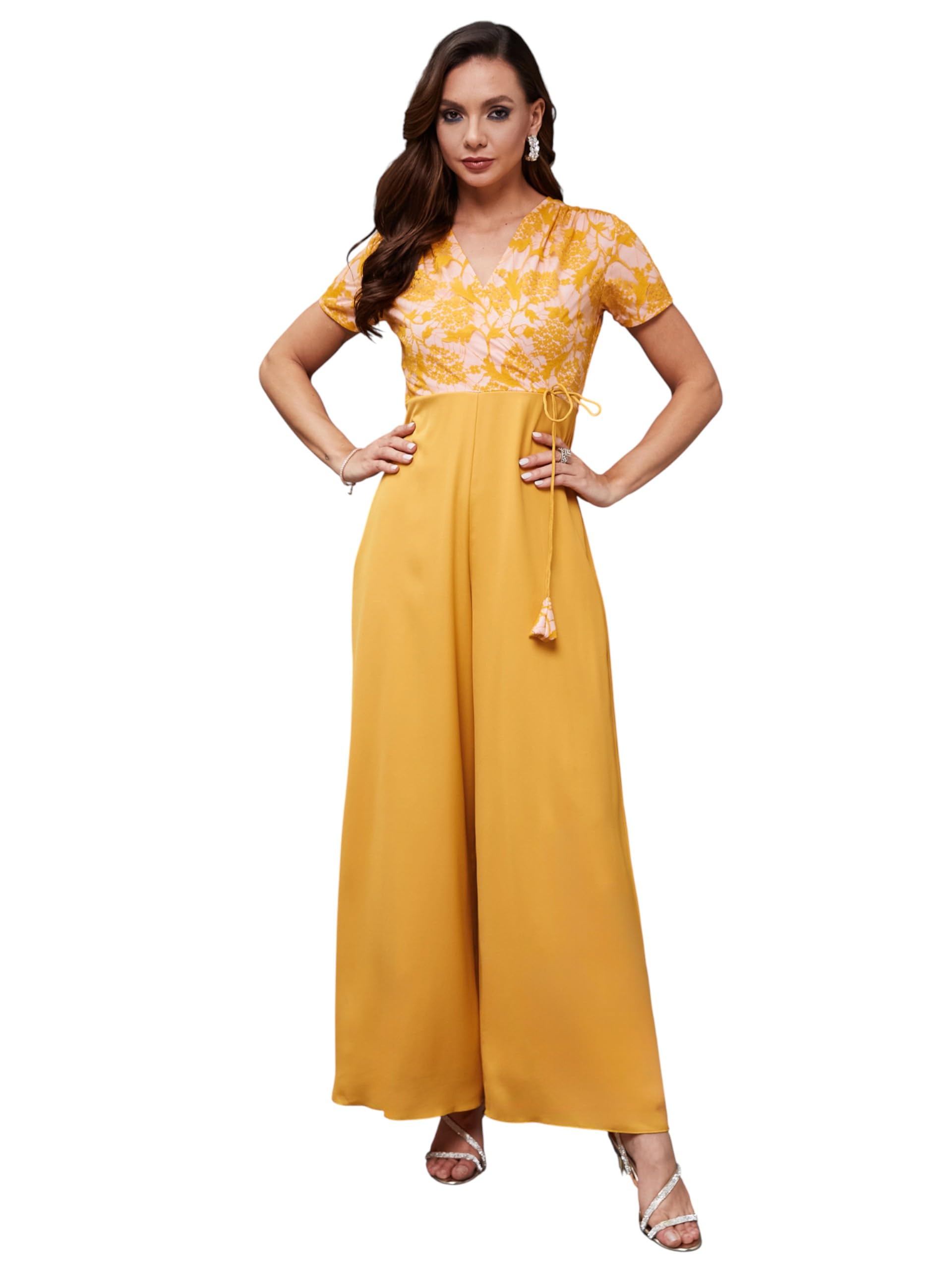 Miss Chase Womens V Neck Half Sleeve Self-Designed Wrap Regular Length Jumpsuit (MCSS25D93-14-183-03, Mustard, S)