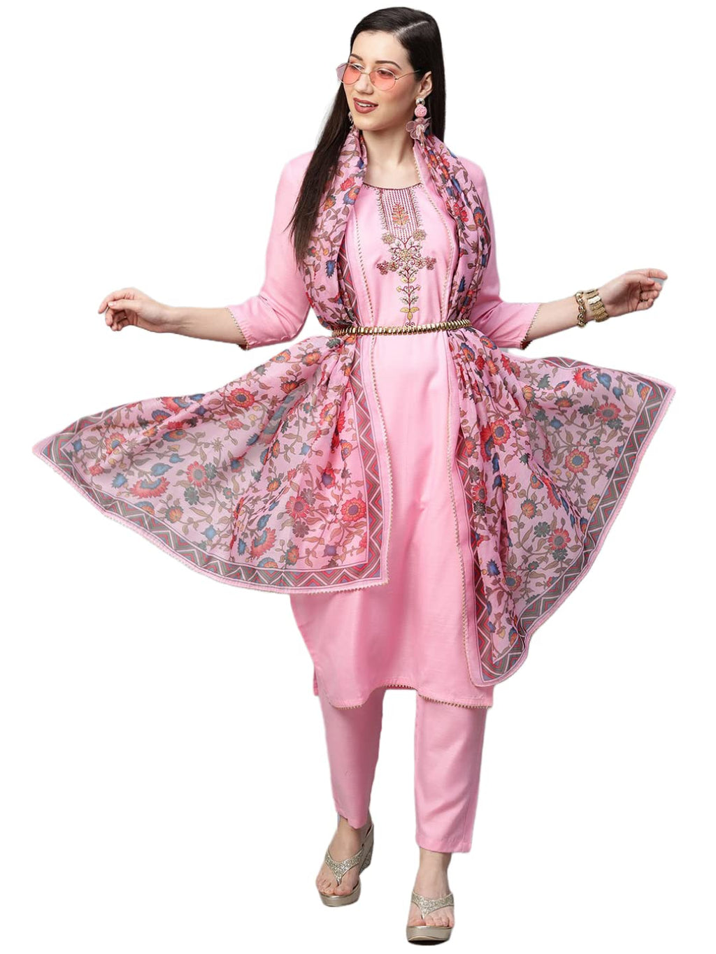 ANNI DESIGNER Womens Cotton Blend Solid Straight Kurta with Pant & Dupatta (Authentic-Baby Pink_S_Baby Pink_Small)