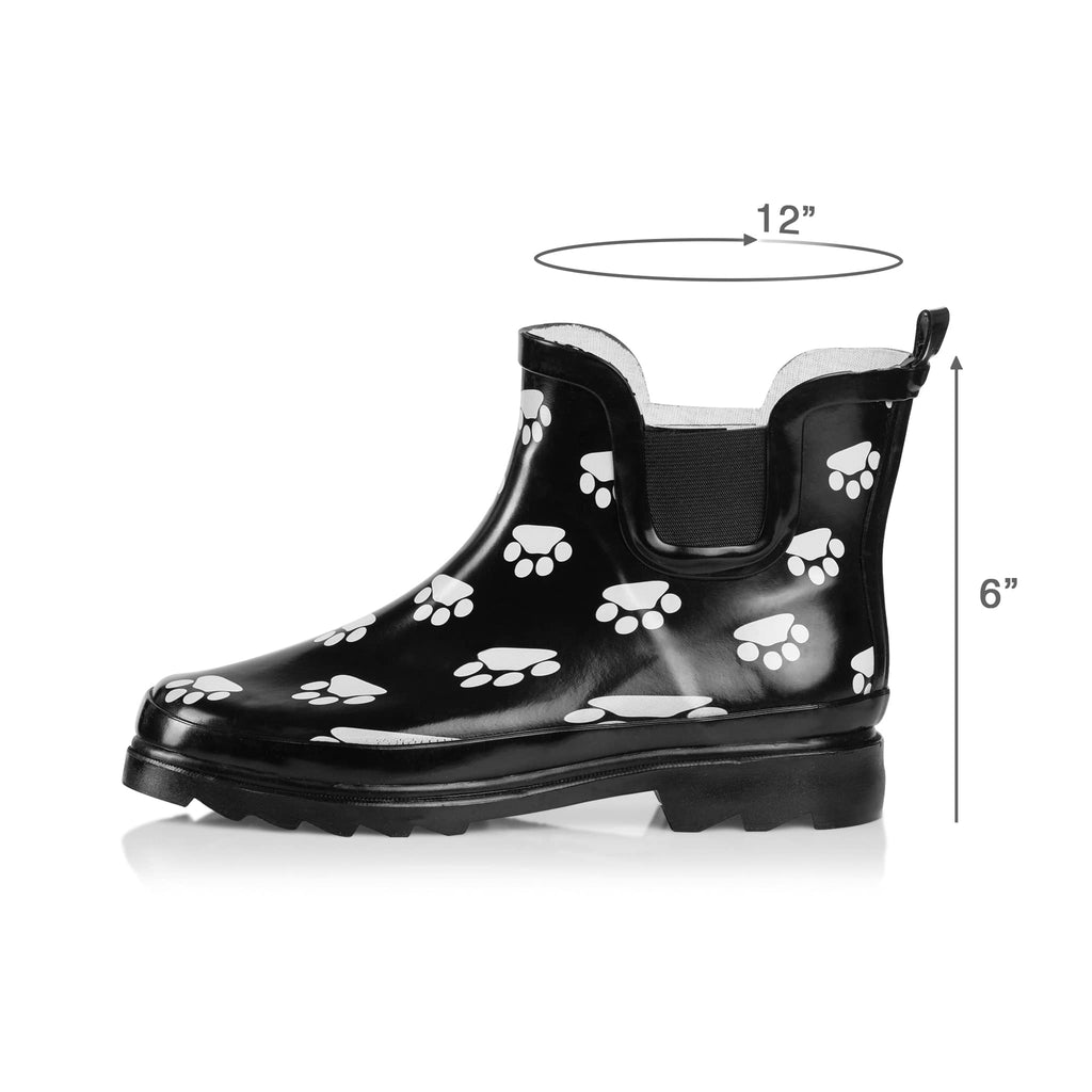 NORTY - Womens Ankle Rain Boots - Ladies Waterproof Winter Spring Garden Boot Paw Black White Size 6