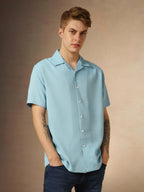 Dennis Lingo MenS Blue Half Sleeves Cuban Collar Solid Textured Relaxed Fit Casual Shirt
