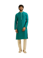 Manyavar Mens Viscose Blend Jacquard Embroidered Kurta Pyjama Set (Green,XL)