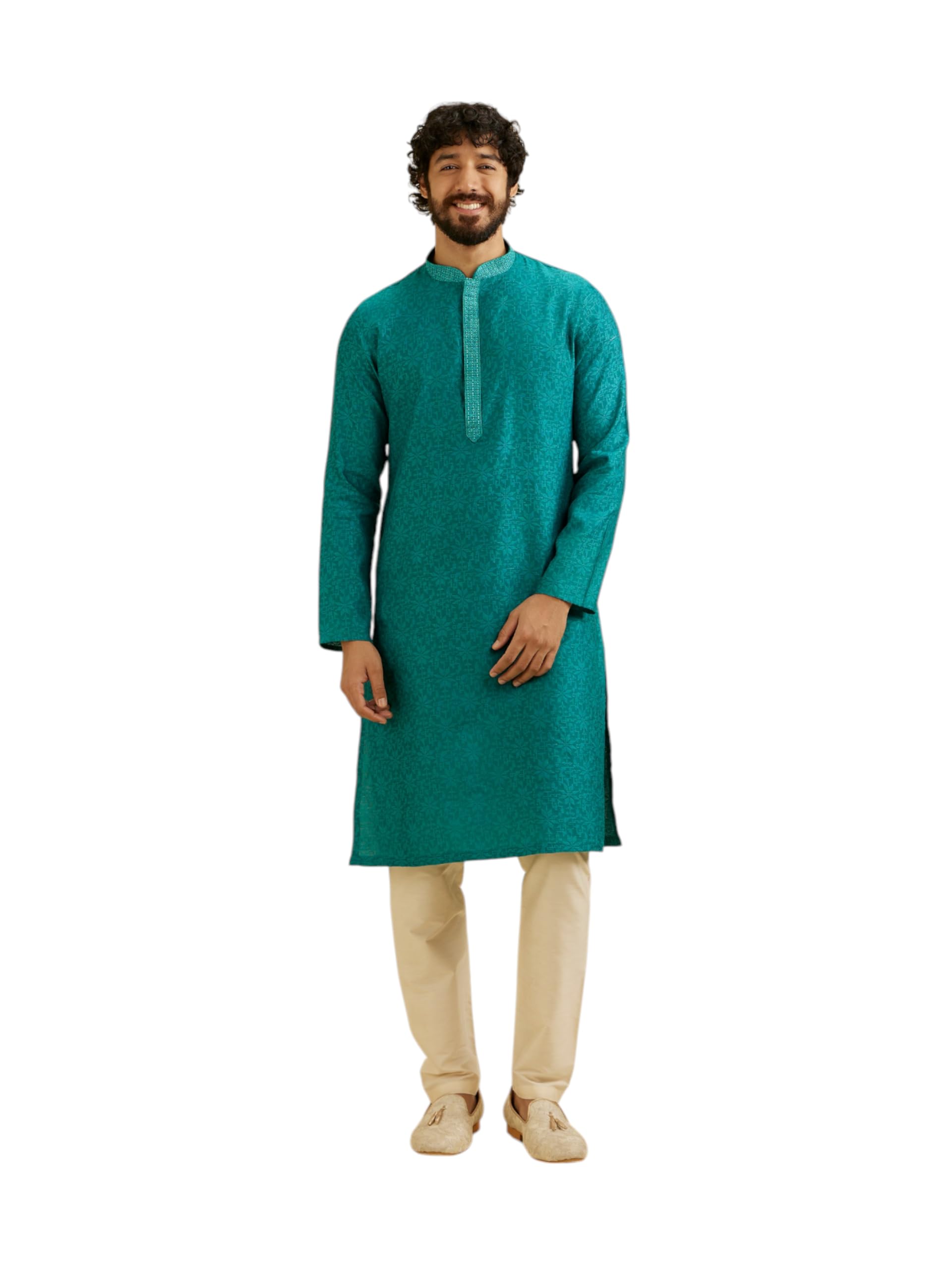 Manyavar Mens Viscose Blend Jacquard Embroidered Kurta Pyjama Set (Green,XL)