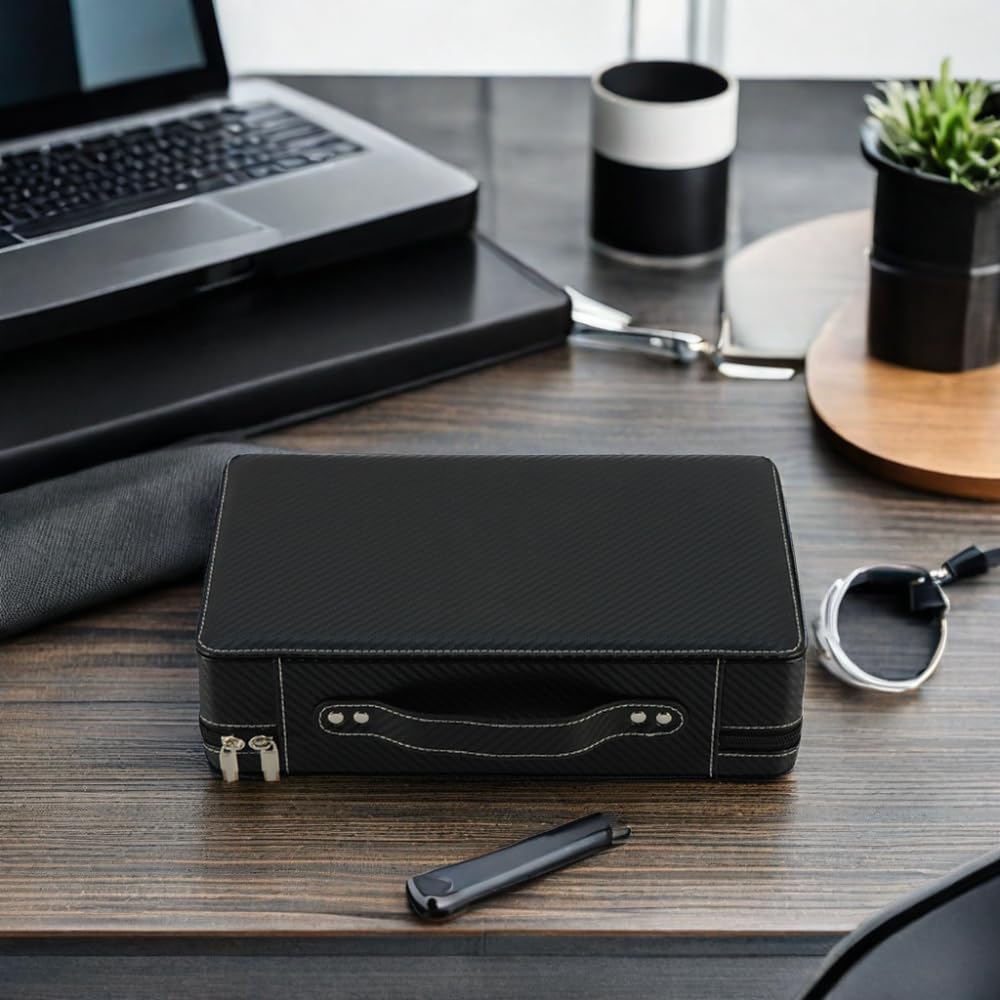 TimelyBuys 10 Watch Briefcase Black Carbon Fiber Zippered Travel Storage Case 50MM Father's Day