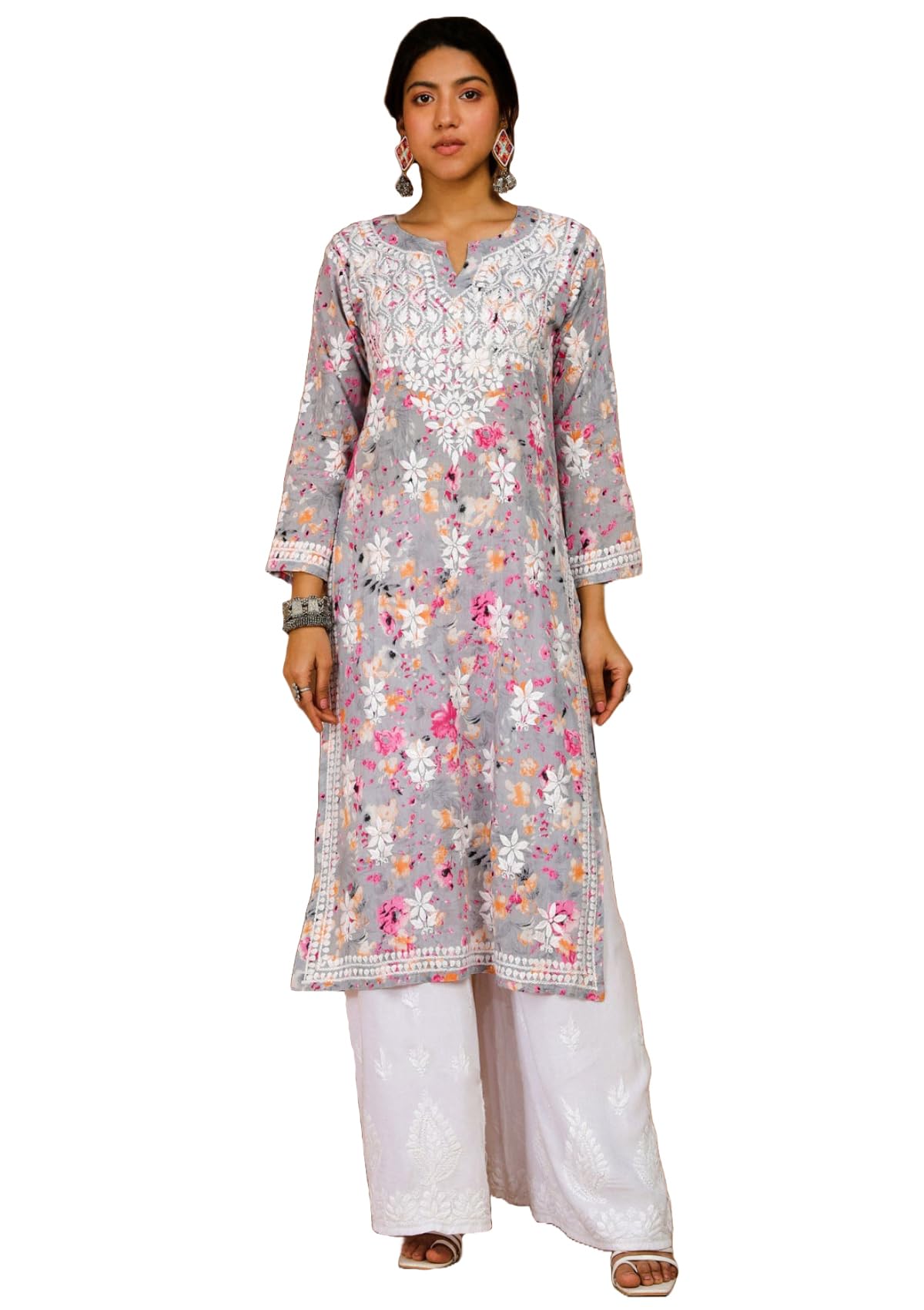 ANNI DESIGNER Womens Rayon Blend Chikankari Embroidered Straight Kurta (KISRUP-Multi_L_Grey_Large)