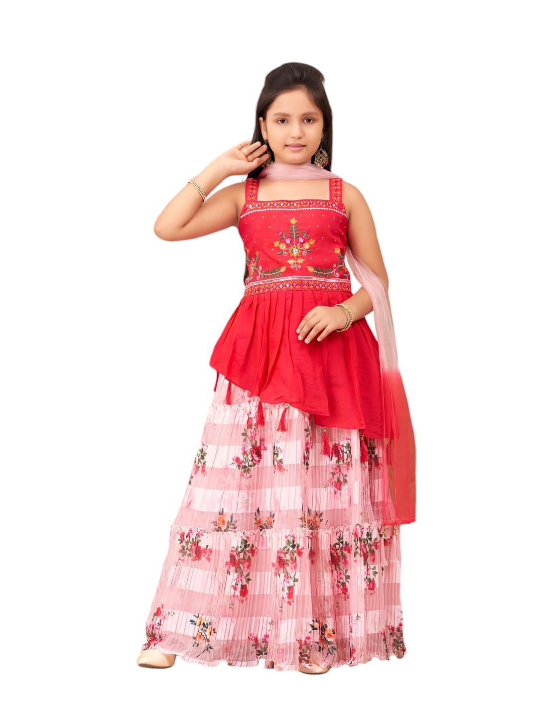 Aarika Girls Ethnic Wear Rani-Peach Colour Mirror Thread Embroidery Silk Lehenga Choli Set (5-15 Years)