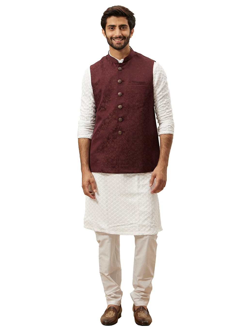 Manyavar Self Design BROCADE Nehru Jacket For Men, Sleeveless, Mandarin Collar, Ethnic Wear (WINEXL)