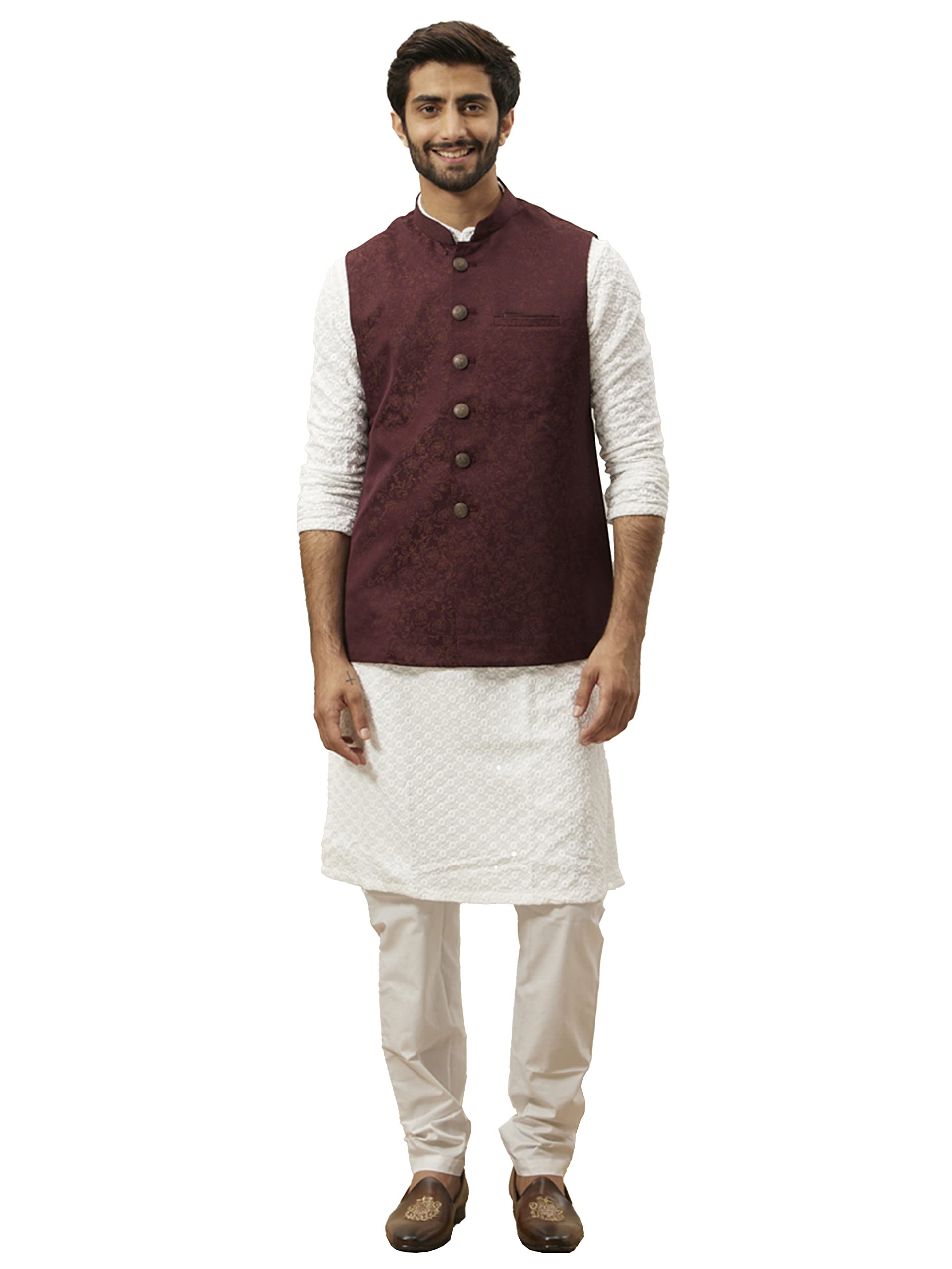 Manyavar Self Design BROCADE Nehru Jacket For Men, Sleeveless, Mandarin Collar, Ethnic Wear (WINEXL)