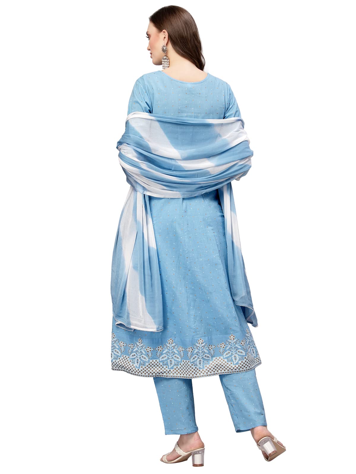 Stylum Womens Printed & Embroidered Cotton Anarkali Kurta Pant Dupatta Set