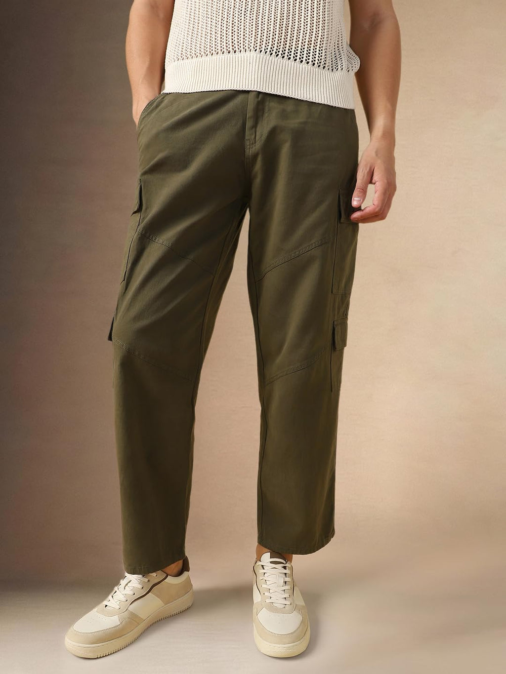 Dennis Lingo Mens Olive Solid Cotton Loose Fit Cargo Trouser