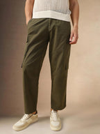 Dennis Lingo Mens Olive Solid Cotton Loose Fit Cargo Trouser