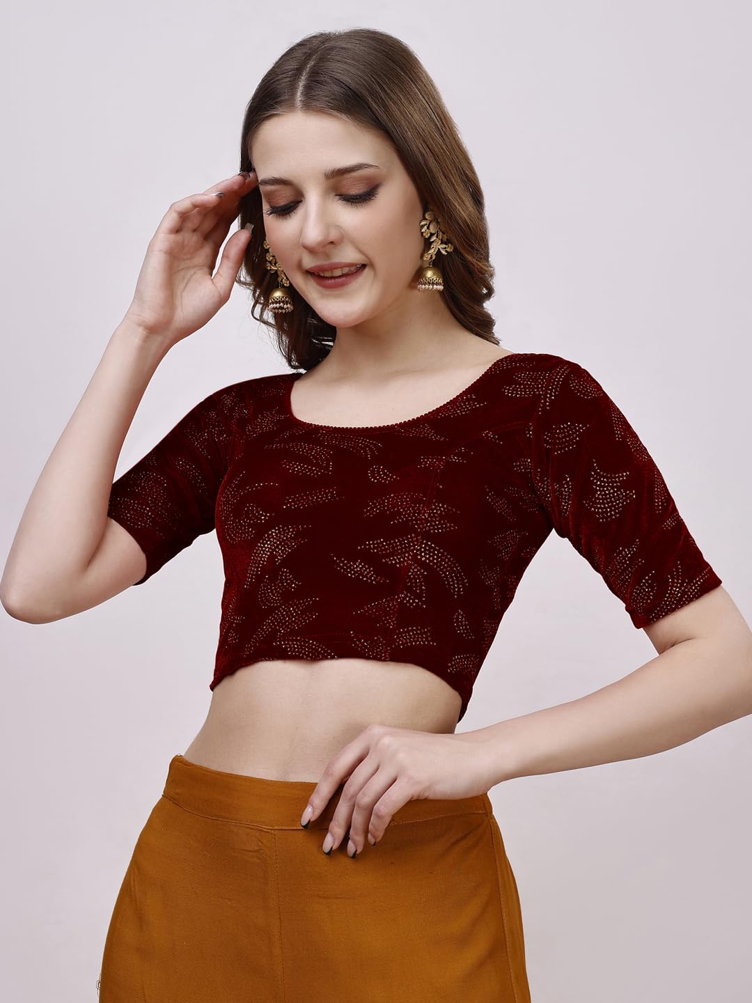 Pujia Mills WomenS Readymade Hosiery Velvet Lycra Stretchable Round Neck Half Sleeve Blouse Fancy Maroon Color Lycra Stretchabl
