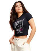 Bewakoof Womens Graphic Printed Slim Fit Half Sleeve Round Neck Cotton Blend Short Top_627787_Black_L