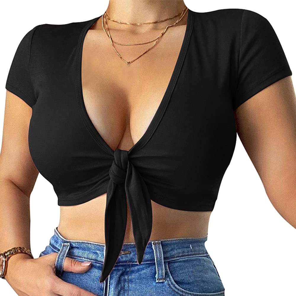 LCNBA Deep v Neck Short Sleeve Crop Top,Bandage Cross Wrap Tie Up Crop Tops Black