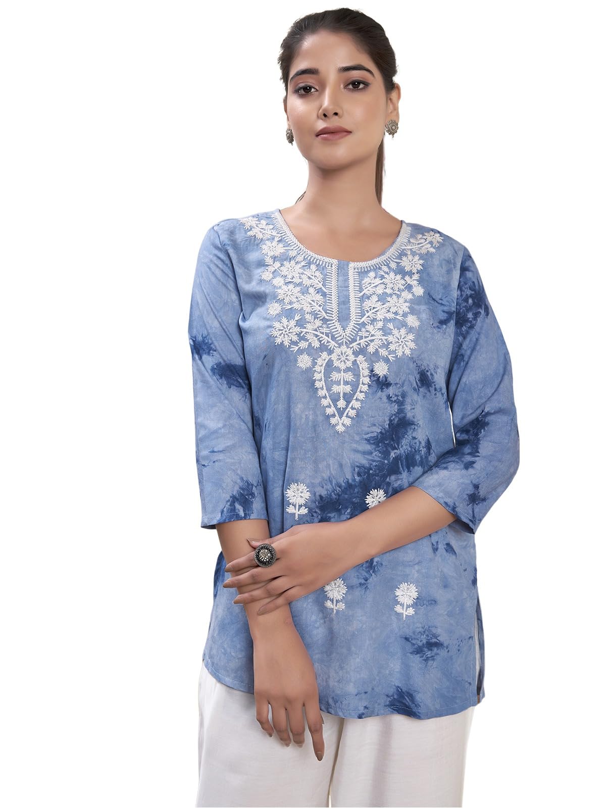 Sanisa Womens Rayon Chikankari Embroidery Short Length Straight Kurti (479K281N-XL_Light Blue)