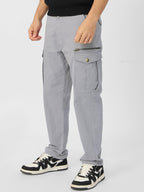 The Souled Store Solids: Stone Grey Men and Boys Straight Fit Cargo Pants Solid Pants