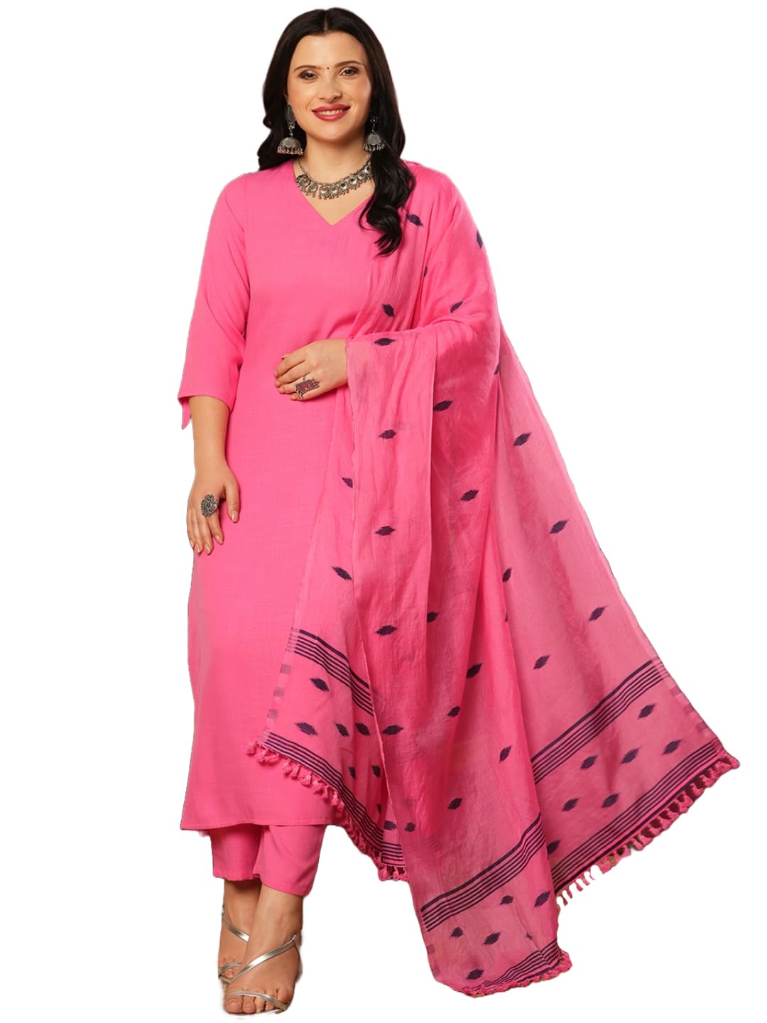 ANNI DESIGNER Womens Rayon Blend Solid Straight Kurta with Pant & Dupatta (JANEU PINK-VKS01_XXL_Pink_XX-Large)