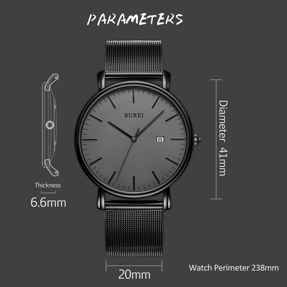 BUREI Men's Fashion Minimalist Wrist Watch All Black Waterproof Watches Simple Ultra Thin Watches Analog Quartz Date with Stainl