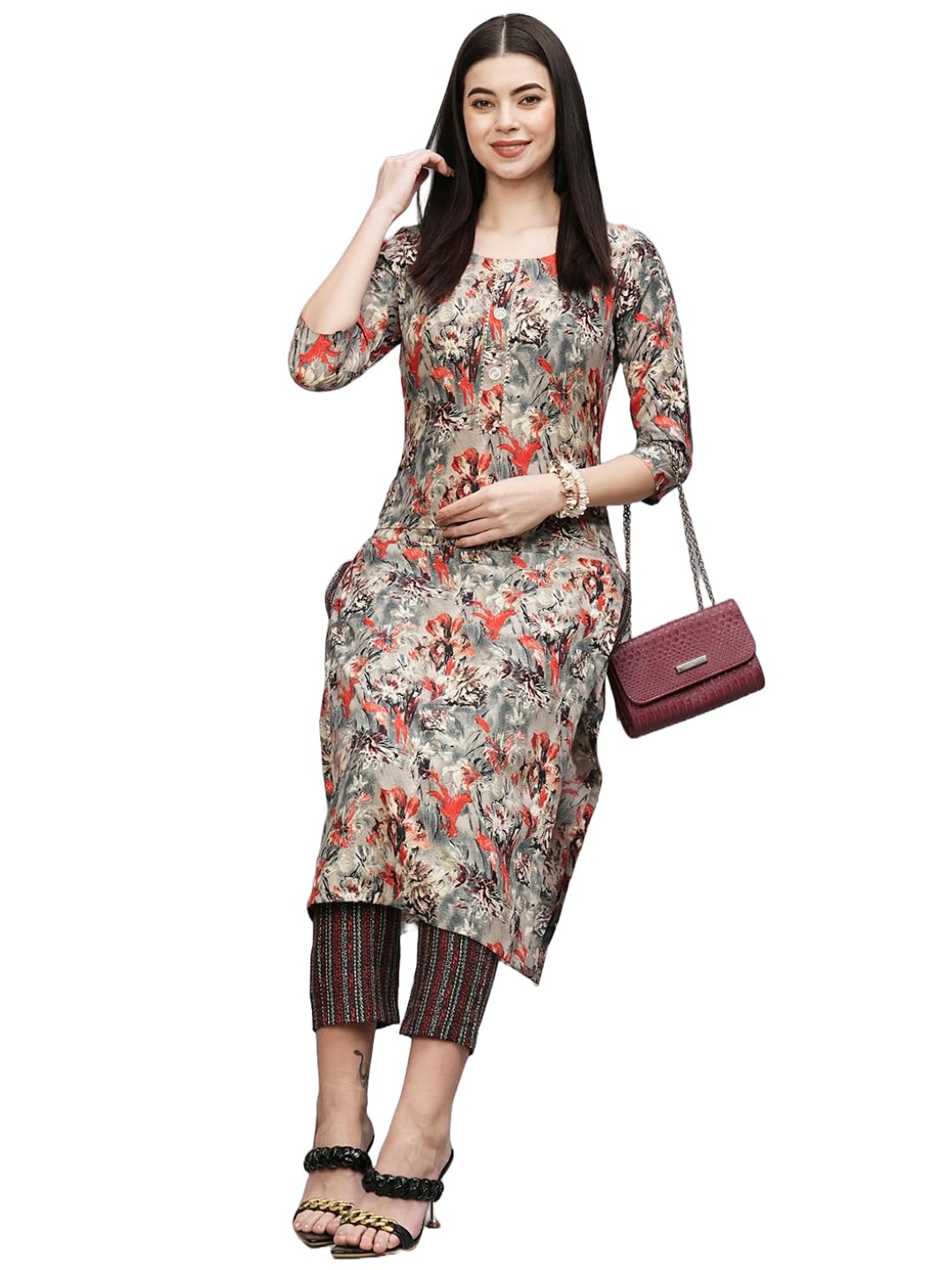 ANNI DESIGNER Womens Cotton Blend Straight Printed Kurta with Pant (Seep Grey_S_Grey_Small)