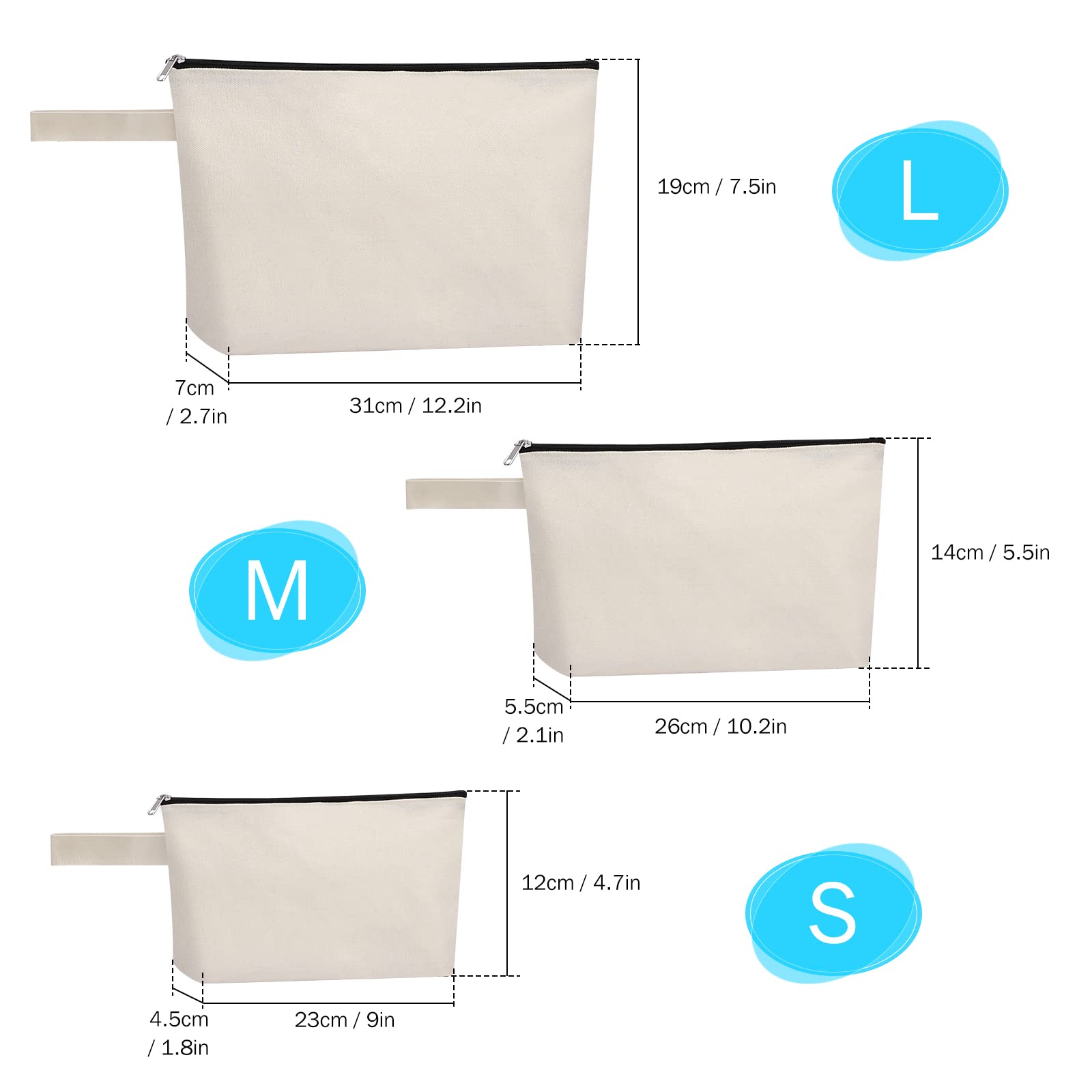 Sinzip 10 Pieces Cotton Canvas Makeup Bag with Bottom, Multi Purpose Cosmetic Bag with Zipper MN-WB07 Wb07