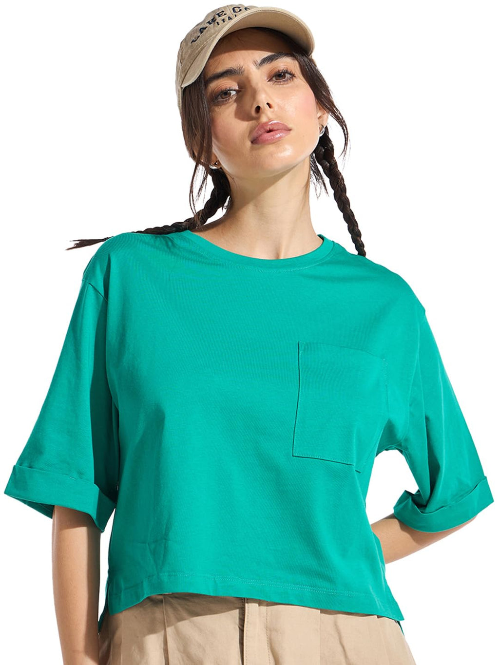 Bewakoof Womens Solid Oversized Fit Half Sleeve Round Neck Cotton Crop_637360_Green_L