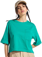 Bewakoof Womens Solid Oversized Fit Half Sleeve Round Neck Cotton Crop_637360_Green_L