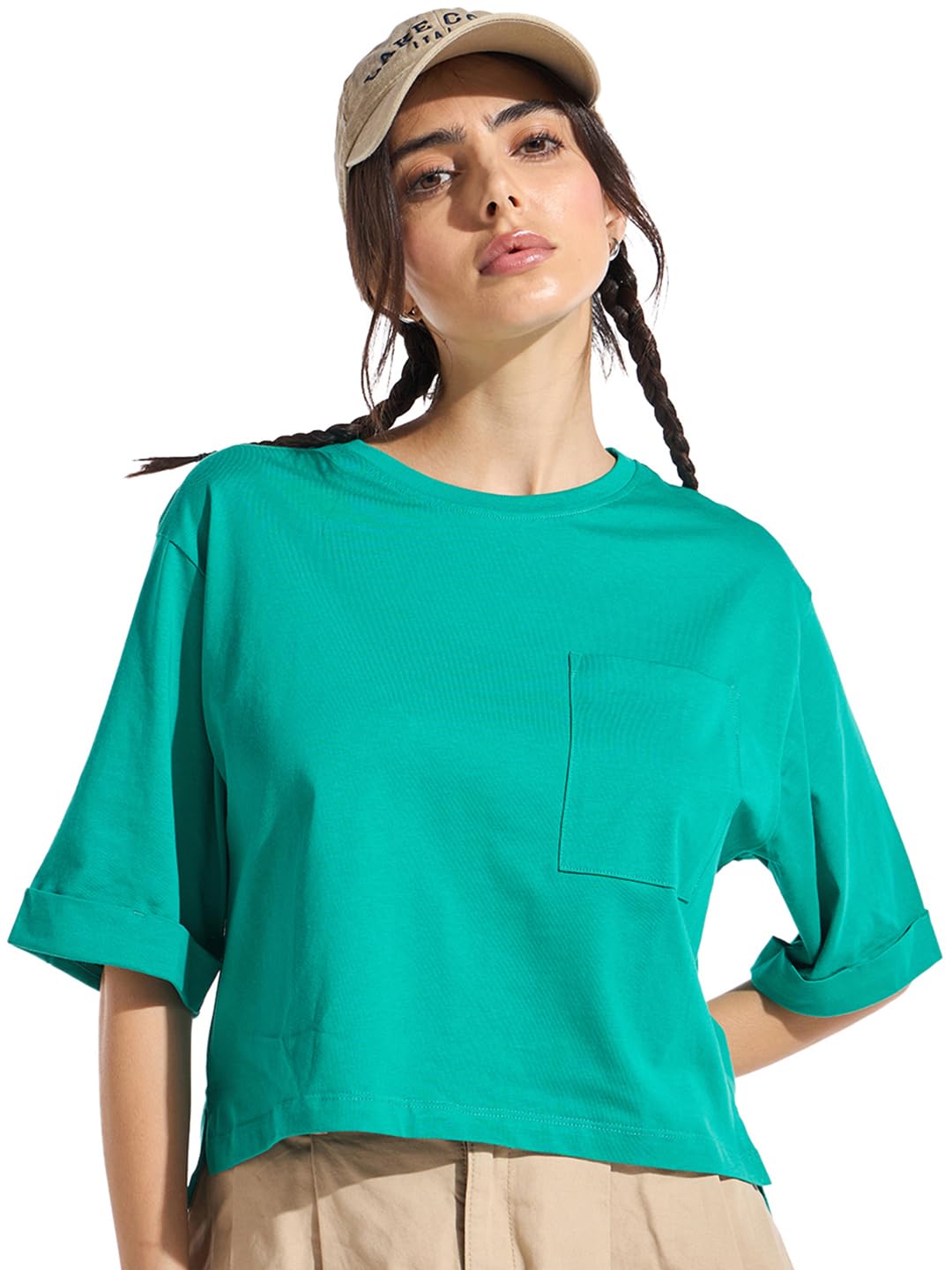 Bewakoof Womens Solid Oversized Fit Half Sleeve Round Neck Cotton Crop_637360_Green_L