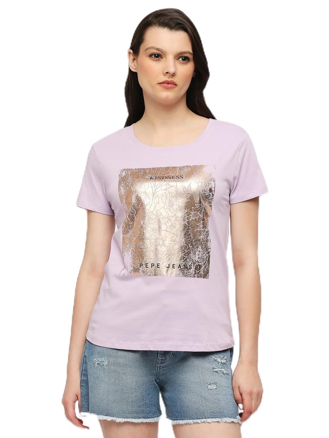 Pepe Jeans Women Cotton Regular Fit Foil Printed T-Shirts,Lilac,Small