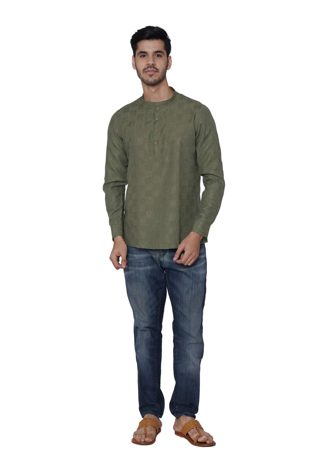 Manyavar Elegant Selfdesign Short Kurta For Men - (Khaki Green, Medium)