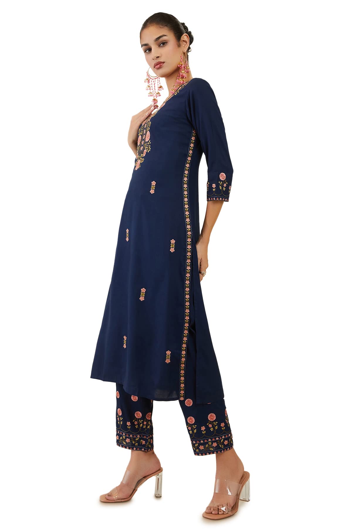 Soch Womens Navy Blue Rayon Floral Embroidered Kurta Set